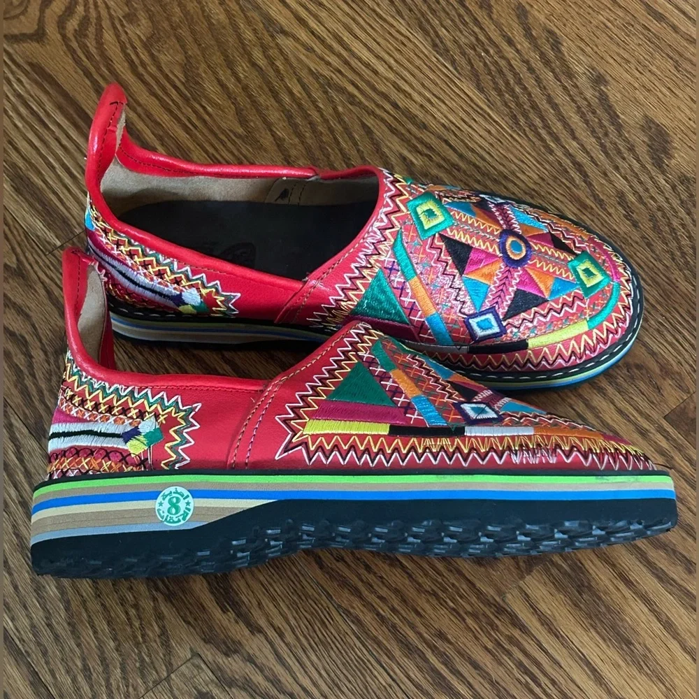 Moroccan Style Red Embroidered Babouche Mules Maximalist Folk Boho 8
